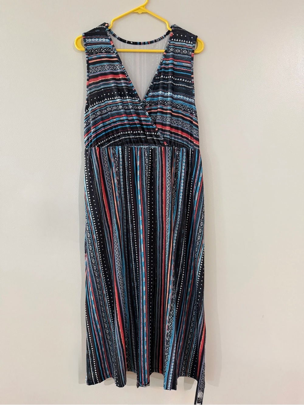 Black Striped Aztec Faux Wrap Top Stretch V-Neck Women's PLUS 1X Boho Midi Dress